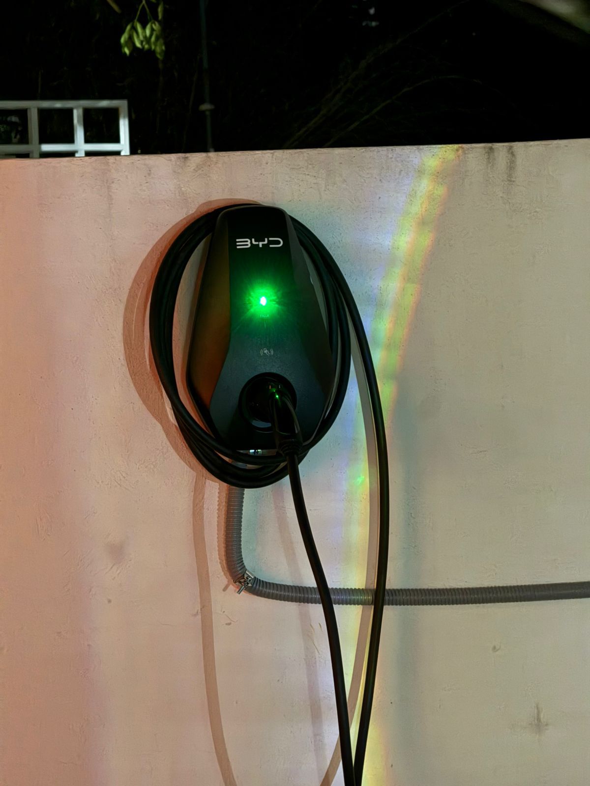Cargador BYD nocturno con LED verde encendido